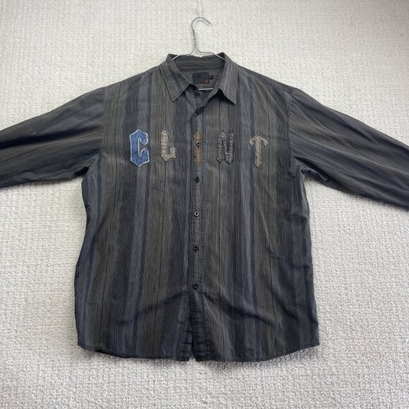 Y2K Clint Long Sleeve Button Up Shirt Grey Striped Trapstar Style Hip-Hop Men L - Picture 6 of 15